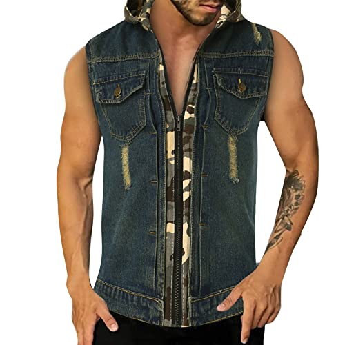 Caxndycing Herren Jeans Weste Destroyed Jeansweste Basic Stretch Hoodie Vintage Kapuzenpullover Stehkragen Mit Kapuze Jacke Cowboy Pullover ärmellos Freizeitjacke Beiläufig Street Sweatjacke von Caxndycing