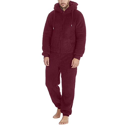 Caxndycing Herren Jumpsuit Herren Kuschelanzug Jumpsuit Strampelanzug Sweat Jumpsuit Herren Latzhose Körperanzug Kapuzenpullis mit Kapuze Reißverschluss Homewear Schlafanzug Kuschelig Lang Pyjama von Caxndycing