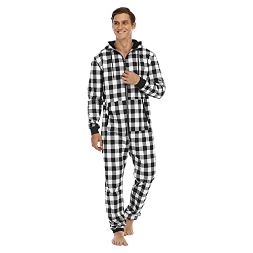 Caxndycing Herren Jumpsuit Karierte Onesie Jogger Einteiler Overall Unisex Nachtwäsche mit Reißverschluss und Taschen Schlafanzug Erwachsene Slim Fit Onesie Einteiler Overall Jumpsuit von Caxndycing