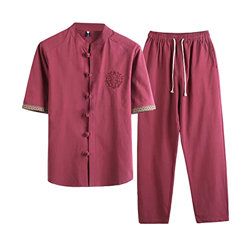 Caxndycing Herren Kungfu Tang Leinenanzug aus Baumwolle Traditionelle Chinesische Kampfkunst Tai Chi Wushu Shaolin Qigong Kurzärmelige Kleidung Trainingsanzug Freizeitkleidung Stehkragen Uniform von Caxndycing