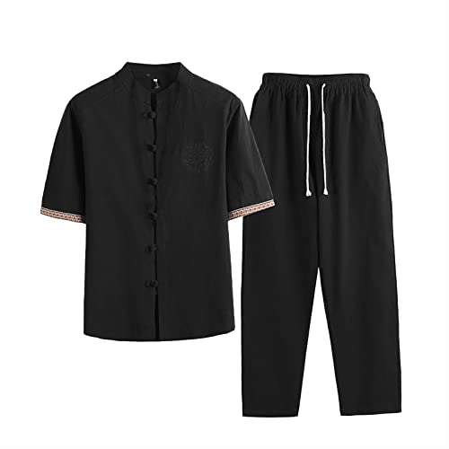Caxndycing Herren Kungfu Tang Leinenanzug aus Baumwolle Traditionelle Chinesische Kampfkunst Tai Chi Wushu Shaolin Qigong Kurzärmelige Kleidung Trainingsanzug Freizeitkleidung Stehkragen Uniform von Caxndycing
