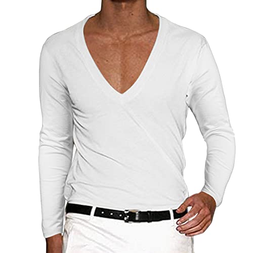 Caxndycing Herren Langarm Shirt mit Tiefem V-Ausschnitt Einfarbig Basic Shirt Deep v-Neck Longsleeve Slim fit Stretch Langarmhemd Einfarbig Langarm Pull Sweatshirt Longsleeve Shirt von Caxndycing