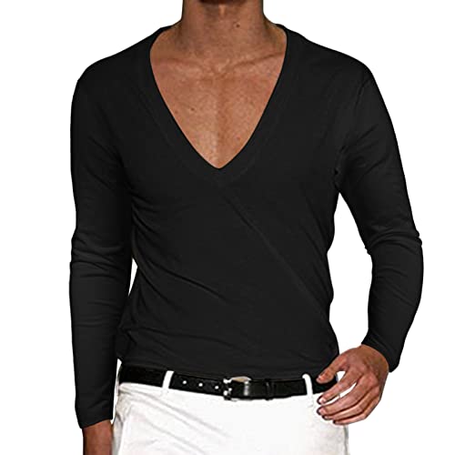 Caxndycing Herren Langarm Shirt mit Tiefem V-Ausschnitt Einfarbig Basic Shirt Deep v-Neck Longsleeve Slim fit Stretch Langarmhemd Slim Fit Männer Pulli Sweatshirt V-Kragen Shirt von Caxndycing