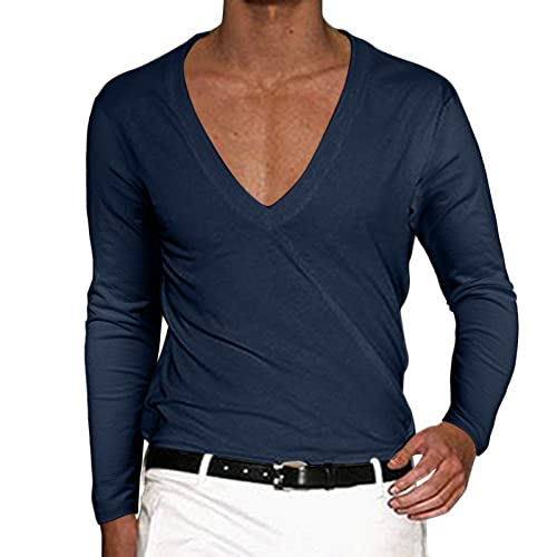 Caxndycing Herren Langarm Shirt mit Tiefem V-Ausschnitt Einfarbig Basic Shirt Deep v-Neck Longsleeve Slim fit Stretch Langarmhemd Slim Fit Männer Pulli Sweatshirt V-Kragen Shirt von Caxndycing