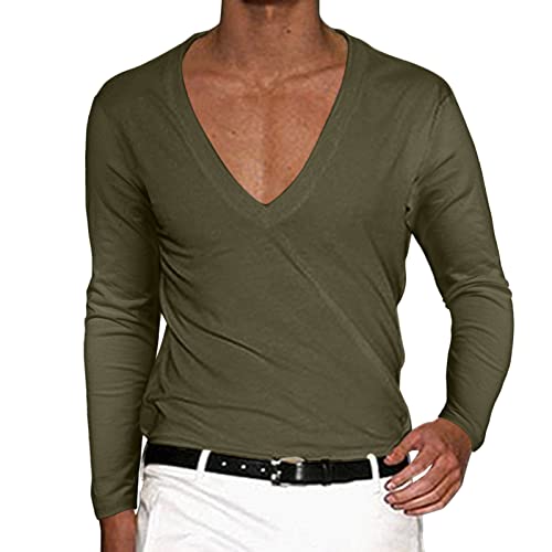 Caxndycing Herren Langarm Shirt mit Tiefem V-Ausschnitt Einfarbig Basic Shirt Deep v-Neck Longsleeve Slim fit Stretch Langarmhemd Slim Fit Männer Pulli Sweatshirt V-Kragen Shirt von Caxndycing