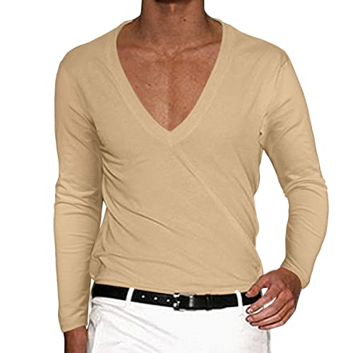 Caxndycing Herren Langarm Shirt mit Tiefem V-Ausschnitt Einfarbig Basic Shirt Deep v-Neck Longsleeve Slim fit Stretch Langarmhemd Slim Fit Männer Pulli Sweatshirt V-Kragen Shirt von Caxndycing