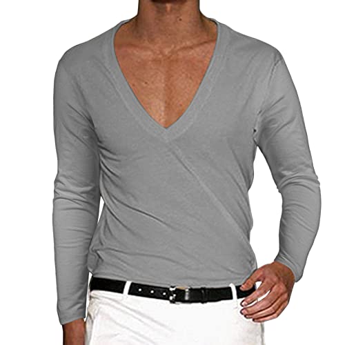 Caxndycing Herren Langarm Shirt mit Tiefem V-Ausschnitt Einfarbig Basic Shirt Deep v-Neck Longsleeve Slim fit Stretch Langarmhemd Slim Fit Männer Pulli Sweatshirt V-Kragen Shirt von Caxndycing