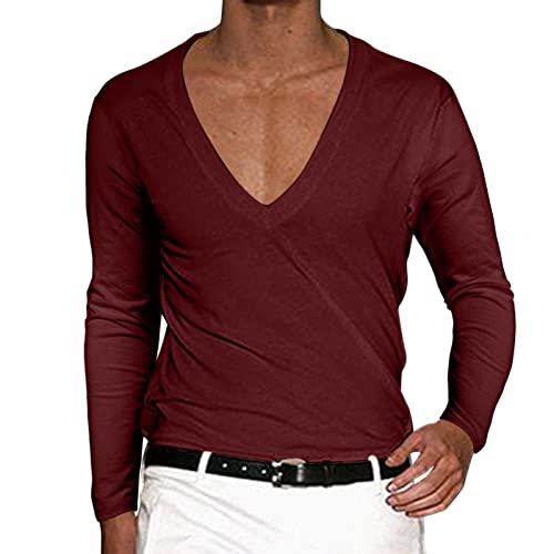 Caxndycing Herren Langarm Shirt Mit Tiefem V-Ausschnitt - Einfarbig Basic Deep V-Neck Longsleeve Slim Fit Stretch Langarmhemd - Männer Pulli Sweatshirt V-Kragen von Caxndycing