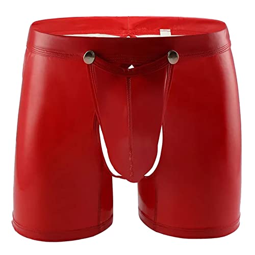 Caxndycing Herren Leder Boxershorts Lack glänzend Optik, Wetlook sexy Unterwäsche, Reizwäsche für Männer, Clubwear Jockstraps Slips Tanga mit offenem Schritt Ouvert Shorts Long Pants von Caxndycing