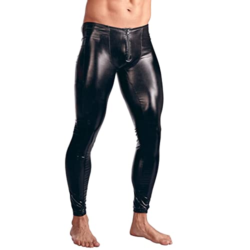 Caxndycing Herren Leder Leggings Lederhose Herren in Schwarz Hochglanz Lack-Optik Kunstleder enganliegend Hose Wetlook Leggings Wetlook Tight Pants Männer Schwarz Leggings Lange Hose von Caxndycing