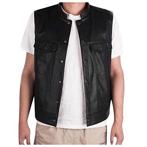 Caxndycing Herren Lederweste Sons of Anarchy Collarless Echtes Echtes Leder Biker Weste Schwarz Biker Lederkutte Lederweste Weste Mode und Freizeit schwarz Funktionsweste Outdoor Schwarz von Caxndycing