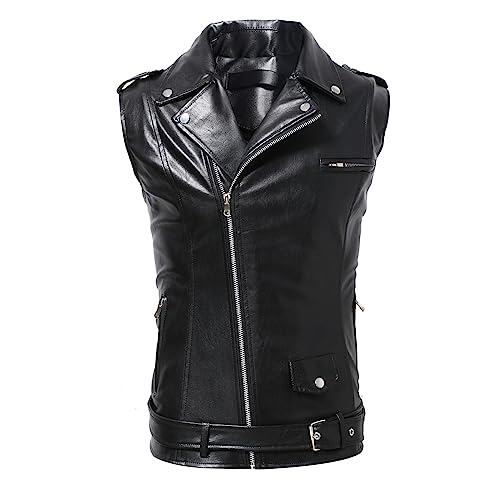 Caxndycing Herren Lederweste Weste Einfarbig Kutte Leder Biker Rocker Motorrad Clubweste mit Taschen Bikerweste Retro Streetwear Motorradweste Lederweste Kutte Schwarz Mit Knopfleiste von Caxndycing