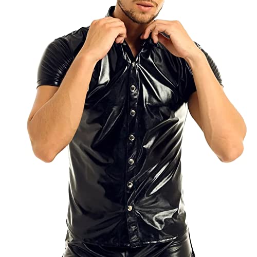 Caxndycing Herren Metallic Glänzend Hemd Bronzing Nachtklub Party Hemd Herren Wetlook Shirt Kurzarm Kunstleder Crop Top Hemd Slim fit Glänzend Oberteil Muskelshirt Clubwear Rave Party Outfit von Caxndycing