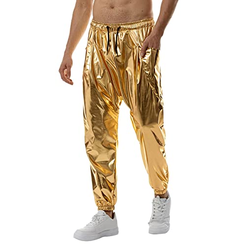 Caxndycing Herren Metallic Glänzende Disco Hose Wetlook Party Tanz Gerades Hose 70er/80er Jahre Festival Rave Cosplay Lederhose für Partys Disco Nachtclub Lange Hosen mit Kordelzug von Caxndycing