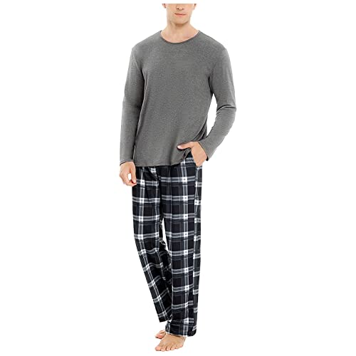 Caxndycing Herren Schlafanzug 2 Stück Verdickt Warm Flanell Lang Pyjama Set Plüsch Herbst Winter Nachtwäsche Fleece Zweiteiliger Sleepwear Kuschelig Loungewear Hausanzug mit Karierte Hose von Caxndycing