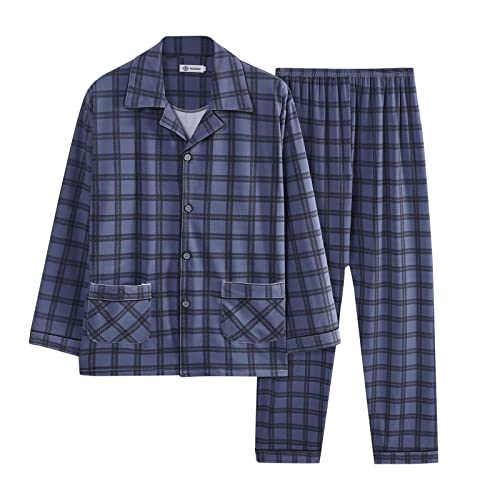 Caxndycing Herren Schlafanzug Flanell Karierte Pyjama Set Lang Zweiteilige Nachtwäsche Loungewear Schlafanzughose Lang Gummizug Pyjama Set Zweiteiliger Nachtwäsche mit Knopfleiste Set von Caxndycing