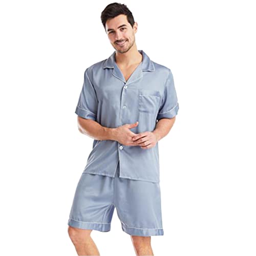 Caxndycing Herren Seide Schlafanzug Pyjama Kurz Herren Schlafanzug kurz Satin Jungen Herren Pyjama kurz V-Ausschnitt Schlafanzug Zweiteiliger Sommer Loungewear Kurzarm Pyjama Set mit Shorts von Caxndycing