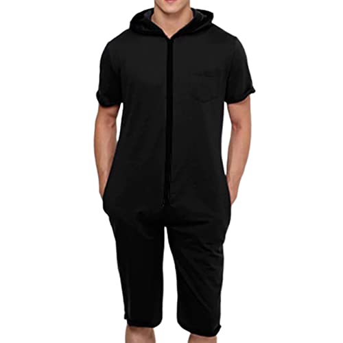 Caxndycing Herren Sommer Jumpsuit kurz Einfarbig Jogginghose Kapuze Sommerjumpsuit Bequemer Onesie Schlafanzug Atmungsaktiv Jogginganzug mit Reißverschluss und Taschen kurzer Trainingsanzug von Caxndycing
