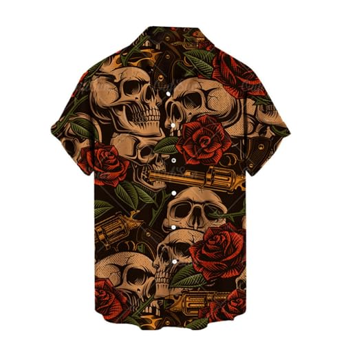Caxndycing Herren Sommerhemd Retro Rose Blume Totenkopf Bedruckte Bluse Revers Button-Down Kurzarm T-Shirts Gothic Skelett Hemd Urlaubsparty Strandhemden Vintage Hawaiihemd Lustig Party Outfit von Caxndycing