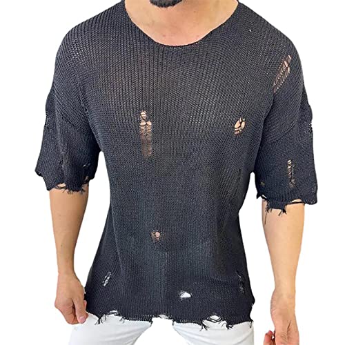 Caxndycing Herren Stricken Pullover Gestrickte Rundhalsausschnitt T-shirt Hohlen Hip Hop Kurzarmshirt Kurzarm Sleeve Shirt Slim Fit Sport Muskelshirts Für Männer Unterhosen Freizeit von Caxndycing