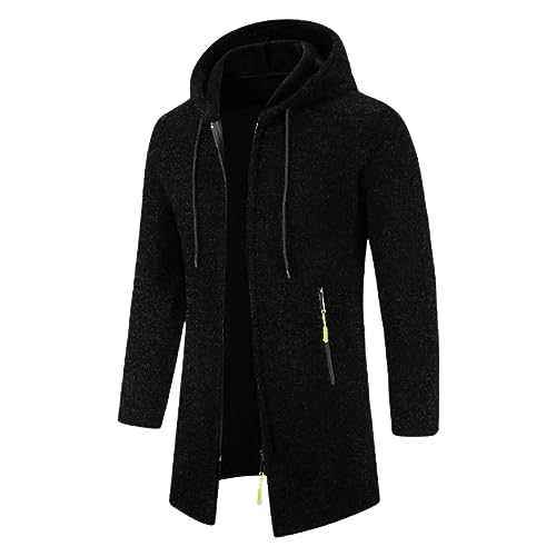 Caxndycing Herren Strickjacke Lang Cardigan mit Kapuzen und Reißverschluss Wintermantel Fleecejacke Männer Winterjacke Warm Wollmantel Tailliert Winterparka Windbreaker Arbeit Jacke von Caxndycing