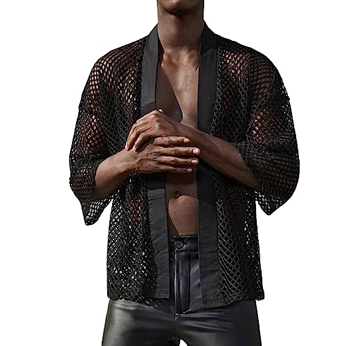 Caxndycing Herren Strickjacke Mesh Fischnetz Fitted Muscle Top Sommer Hohlen Transparent Cardigan Durchsichtig Fischnetz Top Sommer Einfarbig Fashion Clubwear für Nachtclub von Caxndycing