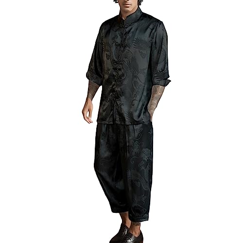 Caxndycing Herren Tangzhuang Uniform Traditionelle Chinesische Gestickte Kleidung Sommer Kampfkunst Trainingsanzug Langärmelige Jacke elastisch Hosenbund Stehkragen Herrenanuzg von Caxndycing