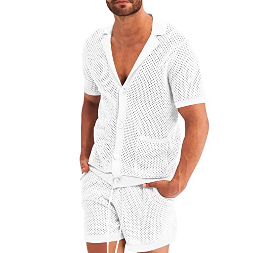 Caxndycing Herren Transparent Anzug Eisseide V-Ausschnitt Hemd und Kurze Shorts Zweiteiler Pyjama-Set Sommer Yoga Outfits Atmungsaktives Kurzes Frühling Sommer Schlafanzug von Caxndycing