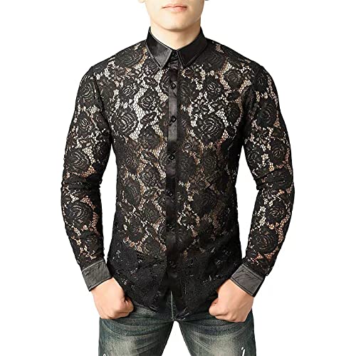 Caxndycing Herren Transparent Blumen Spitze Button Down Langarm Hemd Herren Muskel Transparent Shirts Langarm Netz Unterhemd Athletic Spitze Langarmshirts Hawaii Urlaub Regular Fit Top von Caxndycing