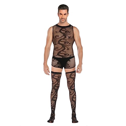 Caxndycing Herren Transparent Overall Ultradünne Jumpsuit Einteiler Body Ganzkörperanzug Strumpfhosen mit Penis-Loch Männer Bodystocking Unterhemd Mesh Strumpfhosen Dessous Unterwäsche von Caxndycing