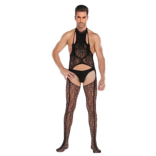 Caxndycing Herren Transparent Overall Ultradünne Jumpsuit Einteiler Body Ganzkörperanzug Strumpfhosen mit Penis-Loch Männer Bodystocking Unterhemd Mesh Strumpfhosen Dessous Unterwäsche von Caxndycing