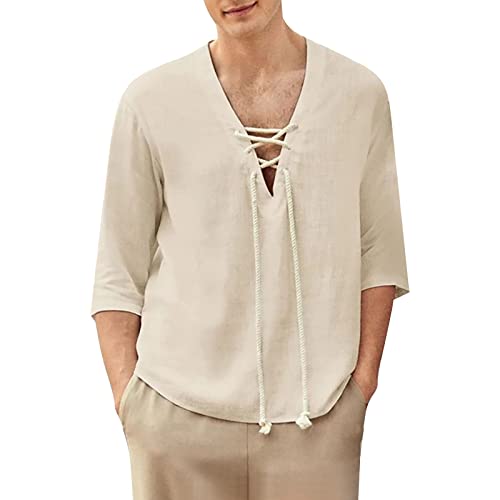 Caxndycing Herren Vintage Leinenhemd aus Baumwolle Tunika mit Schnürkragen Hemd Langarm Baumwoll Leinen Mix mit Schnürung Sommer Henley Freizeithemd Einfarbig lässiges Langarm Strandhemden von Caxndycing
