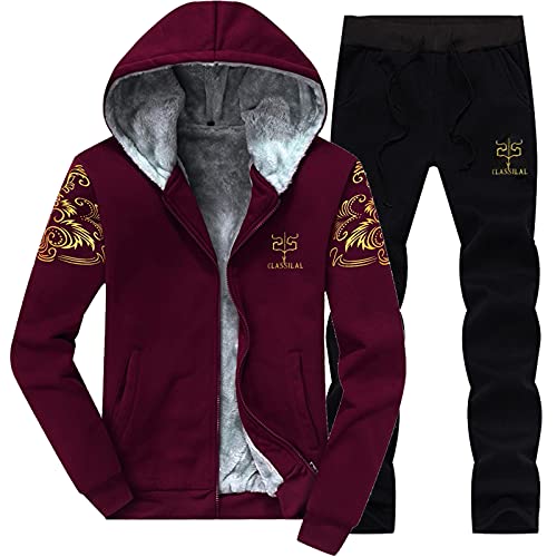 Caxndycing Herren Winter Gefüttert und Warm Jogginganzug Freizeitanzug Wintersport Zweiteiliger Kapuzenjacke mit Reißverschluss Oberteile Hose Herren Baumwolle Jogginganzug von Caxndycing