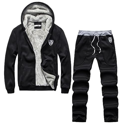 Caxndycing Herren Winter Gefüttert und Warm Jogginganzug Freizeitanzug Wintersport Zweiteiliger Kapuzenjacke mit Reißverschluss Oberteile Hose Herren Baumwolle von Caxndycing