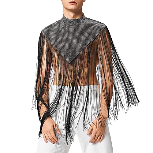 Caxndycing Herren netzshirt netzhemd sexy Netz Hemd Muskel Transparent Kurzarm Shirts unterwäsche mit Quasten Unregelmäßiger Cape Weste Unisex Fransen-Poncho Wildleder-Optik für Hippie Cowboy Cowgirl von Caxndycing