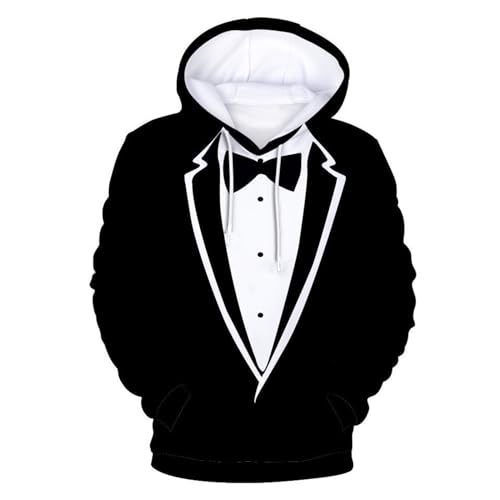 Caxndycing Hoodie Herren 3D Digital Bedrucktes Pullover Gefälschte Zwei Blazer mit Kapuzen Fake Krawatten Fliege Kapuzenpullover mit Kordelzug Kreativ Casual Mode Kapuzenjacke von Caxndycing