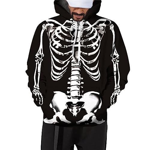 Caxndycing Hoodie Herren 3D Skelett Motive Pullover Totenkopf Horror Gothic Sweatshirt Halloween Knochen-Motiv Bedruckt Kapuzenpullover Baggy Punk Hip Hop Sweatjacke Cosplay Kostüme von Caxndycing