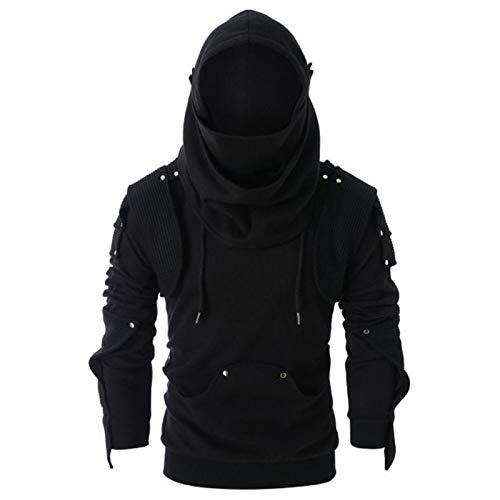 Caxndycing Hoodie mit Maske Herren Cyberpunk Tactical Techwear Sweatshirt Vintage Maske Nieten Pullover Cool Rock Kapuzenpullover Double Neckline Kordelzug Sweatjacke Winter Hip Hop Jacke von Caxndycing