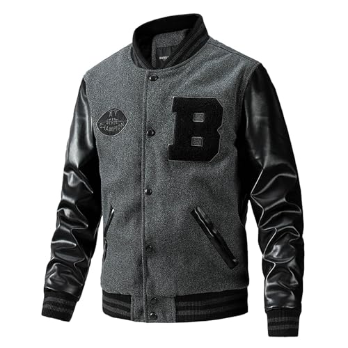 Caxndycing Jacke Herren Klassische Leder Patchwork Baseball Farbblock Freizeitjacke Letterman Varsity Bomberjacke Stickerei Windjacke mit Taschen Winddichte Lässige College Jacke Pilotenjacke von Caxndycing