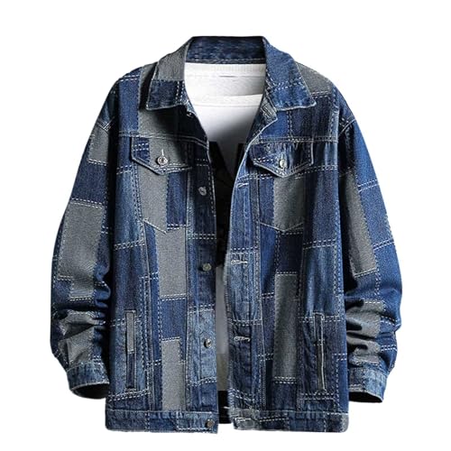 Caxndycing Jeansjacke Herren Patchwork Biker Style Jeans Jacket Blue Denim Jacke Slim Fit Jeansmantel Punk Farbblock Wash Klassisches Cowboy-Oberteil Knopfleiste Übergangsjacke von Caxndycing
