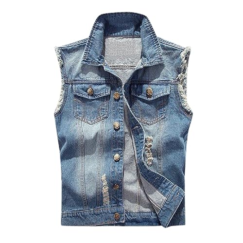 Caxndycing Jeansweste Herren Denim Weste Destroyed ärmellose Jeans-Weste Casual Ärmellos Biker Fashion Jeansweste Beiläufiger Denim Weste Jacke Klassische ärmel Dünne Jacken von Caxndycing