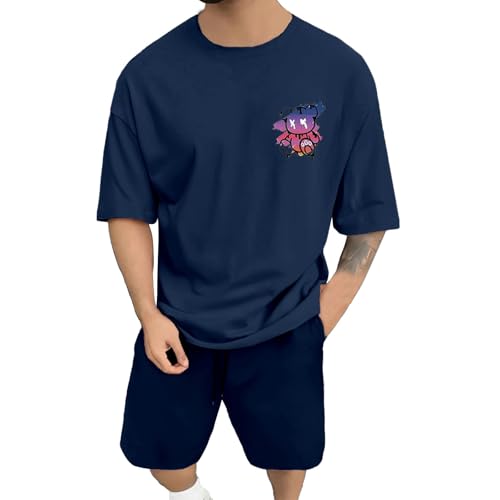 Caxndycing Jogginganzug Herren Baumwolle Kurzarm Backprint Tshirt + Kurz Hose Set Männer Sommer Zweiteiler Freizeitanzüge Locker Sportanzug Vintage Drucken Trainingsanzug von Caxndycing