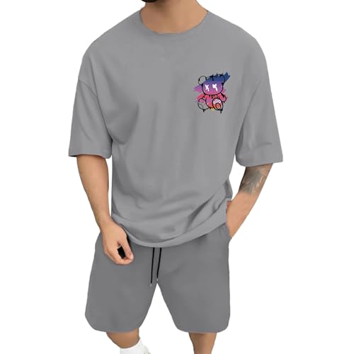 Caxndycing Jogginganzug Herren Baumwolle Kurzarm Backprint Tshirt + Kurz Hose Set Männer Sommer Zweiteiler Freizeitanzüge Locker Sportanzug Vintage Drucken Trainingsanzug von Caxndycing