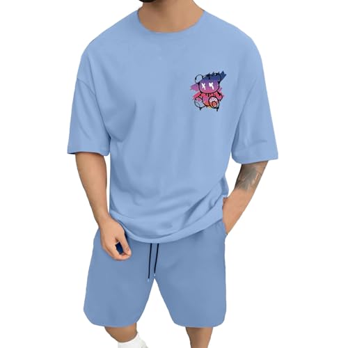 Caxndycing Jogginganzug Herren Baumwolle Kurzarm Backprint Tshirt + Kurz Hose Set Männer Sommer Zweiteiler Freizeitanzüge Locker Sportanzug Vintage Drucken Trainingsanzug von Caxndycing