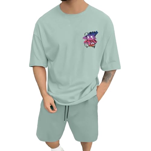 Caxndycing Jogginganzug Herren Baumwolle Kurzarm Backprint Tshirt + Kurz Hose Set Männer Sommer Zweiteiler Freizeitanzüge Locker Sportanzug Vintage Drucken Trainingsanzug von Caxndycing