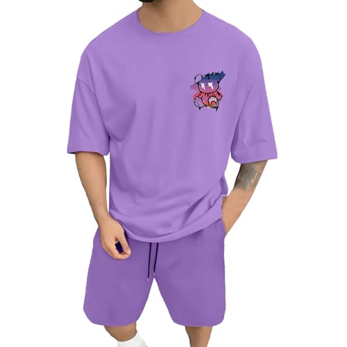Caxndycing Jogginganzug Herren Baumwolle Kurzarm Backprint Tshirt + Kurz Hose Set Männer Sommer Zweiteiler Freizeitanzüge Locker Sportanzug Vintage Drucken Trainingsanzug von Caxndycing