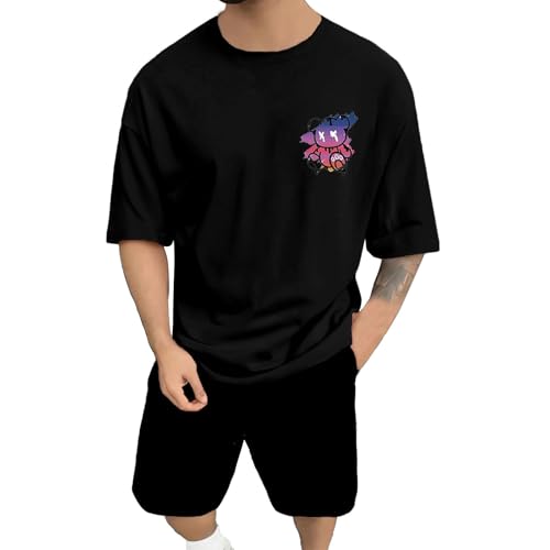 Caxndycing Jogginganzug Herren Baumwolle Kurzarm Backprint Tshirt + Kurz Hose Set Männer Sommer Zweiteiler Freizeitanzüge Locker Sportanzug Vintage Drucken Trainingsanzug von Caxndycing