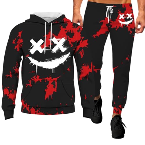 Caxndycing Jogginganzug Herren Halloween Kostüm Zweiteiler Set Sportanzug Freizeitanzug Gym Fitness Activewear Trainingsanzug Smiley Print Kapuzenpullover und Jogginghose von Caxndycing