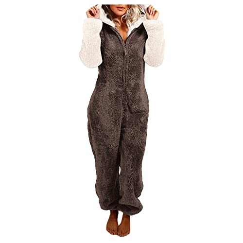 Caxndycing Jumpsuit Damen Teddy Fleece Einteiler Overall Anzug Flauschig Schlafanzug Winter Warm Onesie Plüsch Kuschelig Overall Hausanzug Lang Schlafoverall Weich Pyjama Schlafanzug mit Kapuze S-5XL von Caxndycing