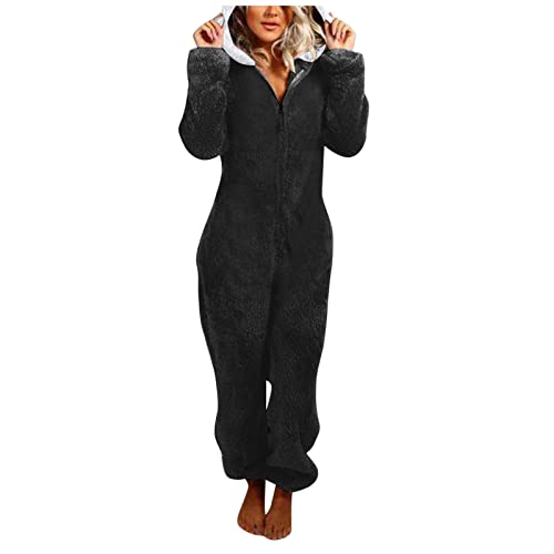 Caxndycing Jumpsuit Damen Teddy Fleece Einteiler Overall Anzug Flauschig Schlafanzug Winter Warm Onesie Plüsch Kuschelig Overall Hausanzug Lang Schlafoverall Weich Pyjama Schlafanzug mit Kapuze S-5XL von Caxndycing